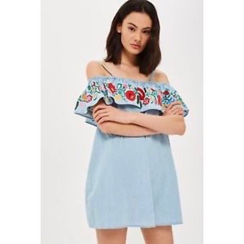 Poof New Size S Tunic Top Chambray Off‎ Shoulder Embroidered Floral Fiesta